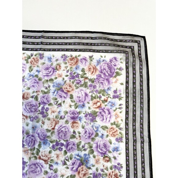 YSL Yves Saint Laurent Scarf Purple Floral w/ Black Striped Border Vintage - Picture 4 of 9